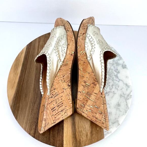 Jack Rogers Leather Gold Slip on Whipstitch Mid Stacked Cork Wedge Sandals 8 - Picture 7 of 10